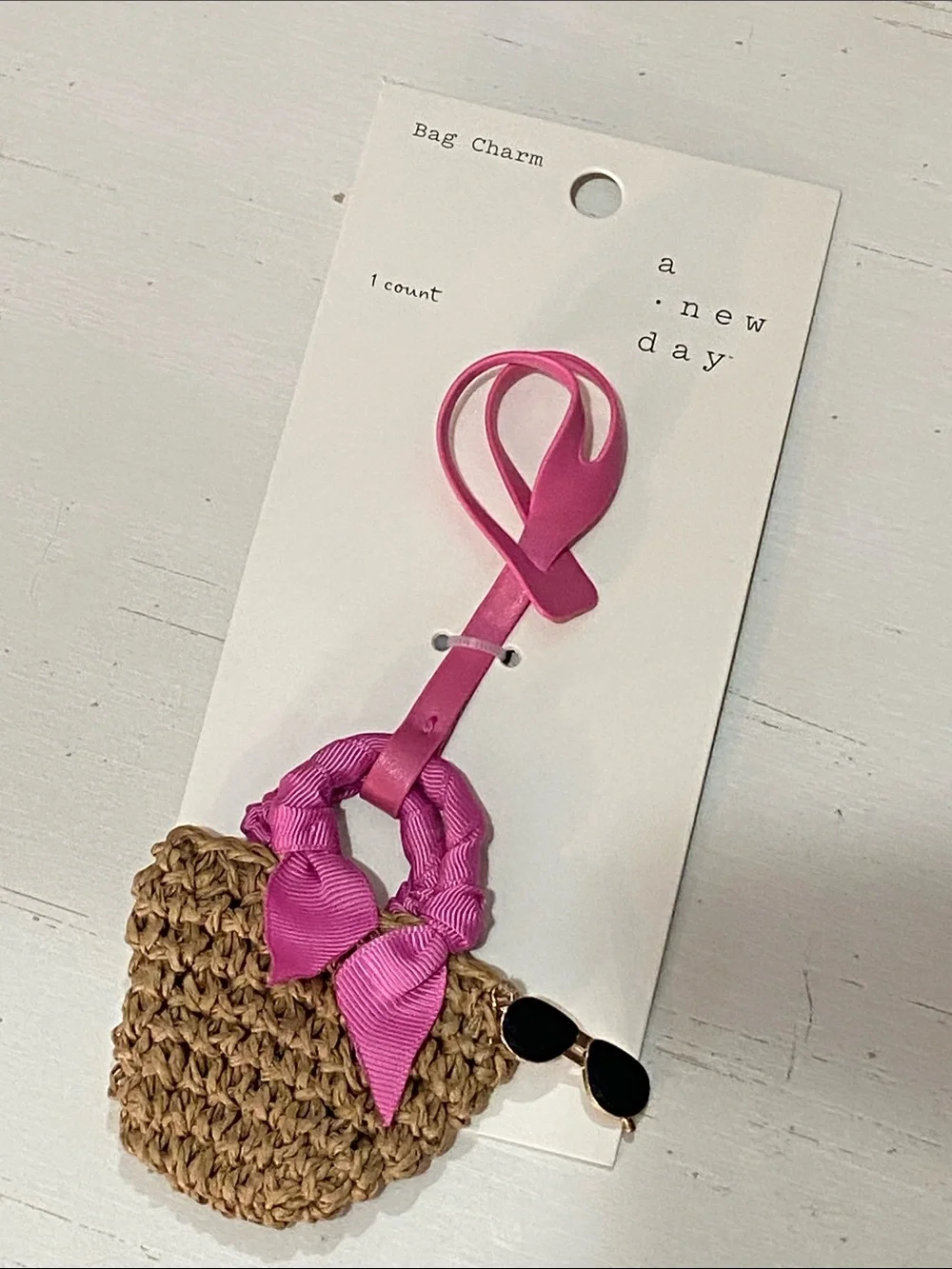 a new day - Pink Ribbon Straw Bag Charm with Black Sunglasses Accent